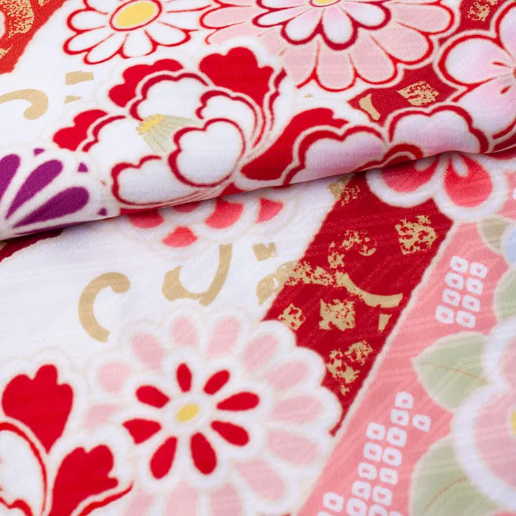 ジュニア着物 赤地 しぼり調 桜 牡丹 D004