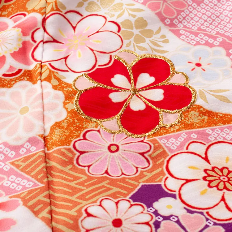 ジュニア着物 赤地 しぼり調 桜 牡丹 D004