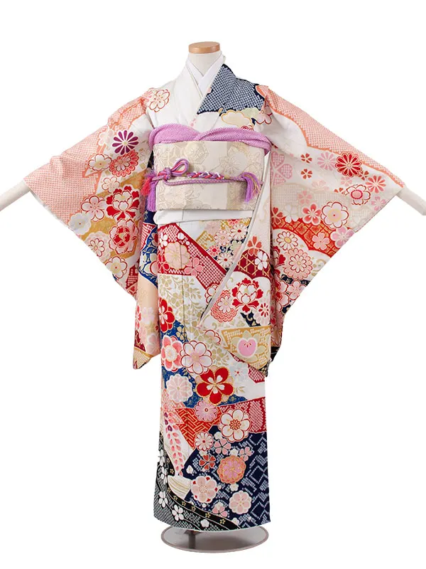 ジュニア着物 白地 しぼり調 桜 牡丹 D005
