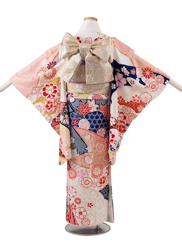 ジュニア着物 白地 しぼり調 桜 牡丹 D005
