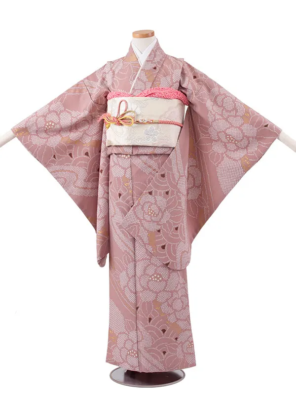 ジュニア着物 薄小豆色 牡丹 D006