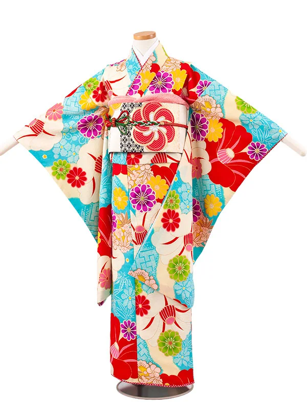 ジュニア着物 空色 椿 菊 D007
