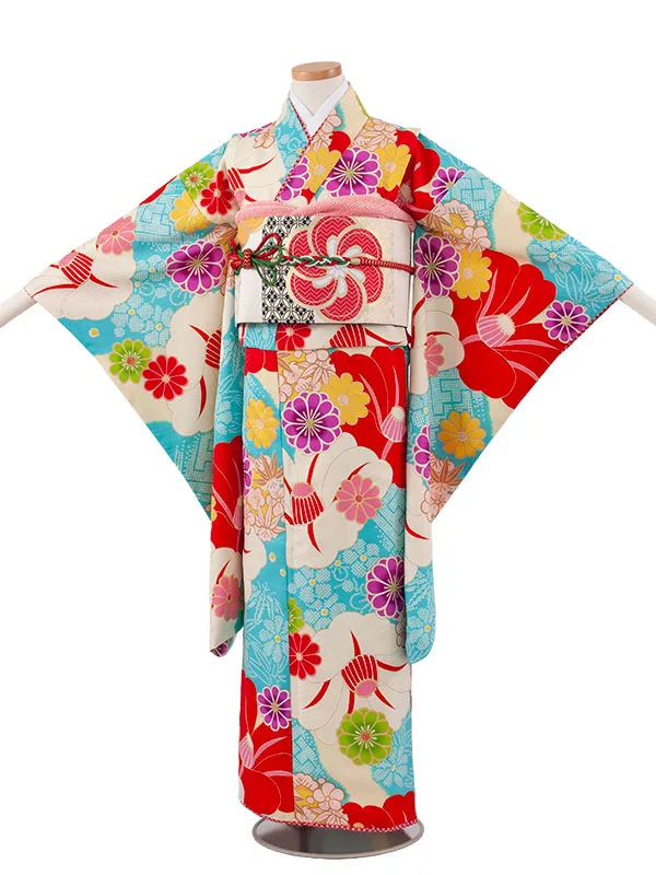 ジュニア着物 空色 椿 菊 D007