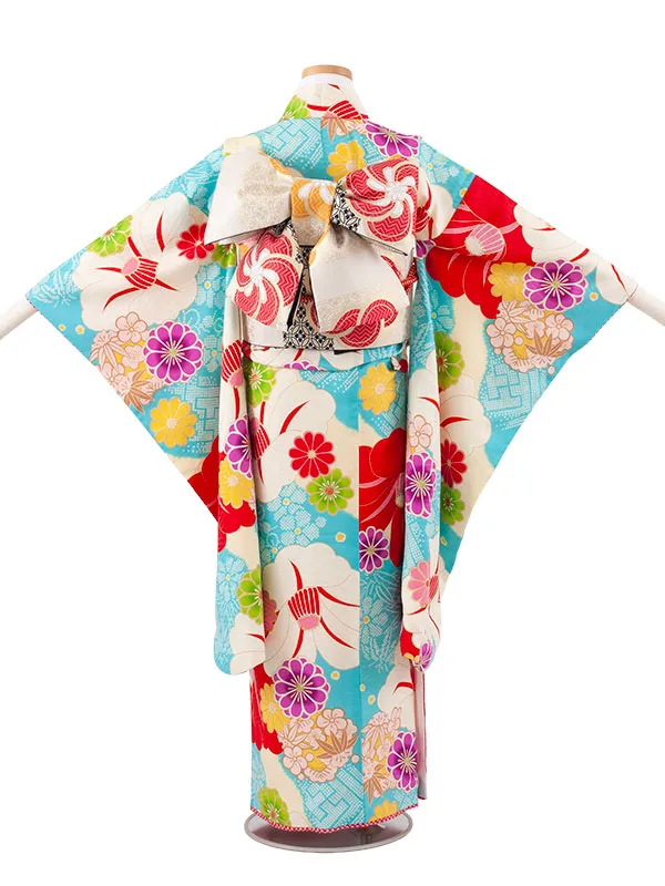 ジュニア着物 空色 椿 菊 D007