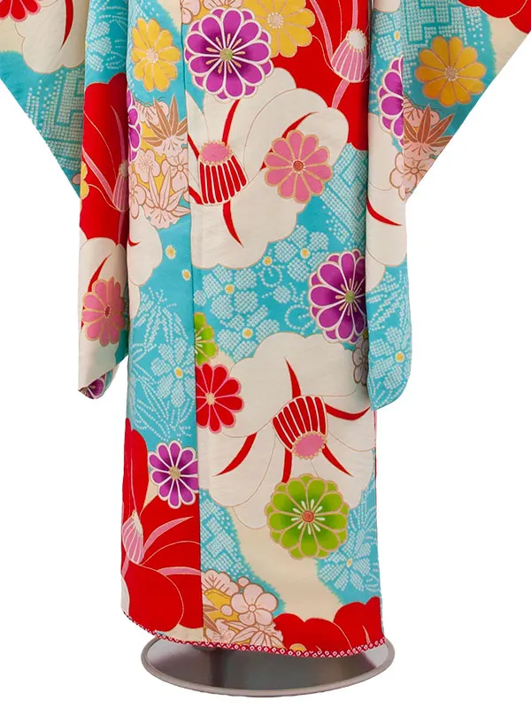 ジュニア着物 空色 椿 菊 D007