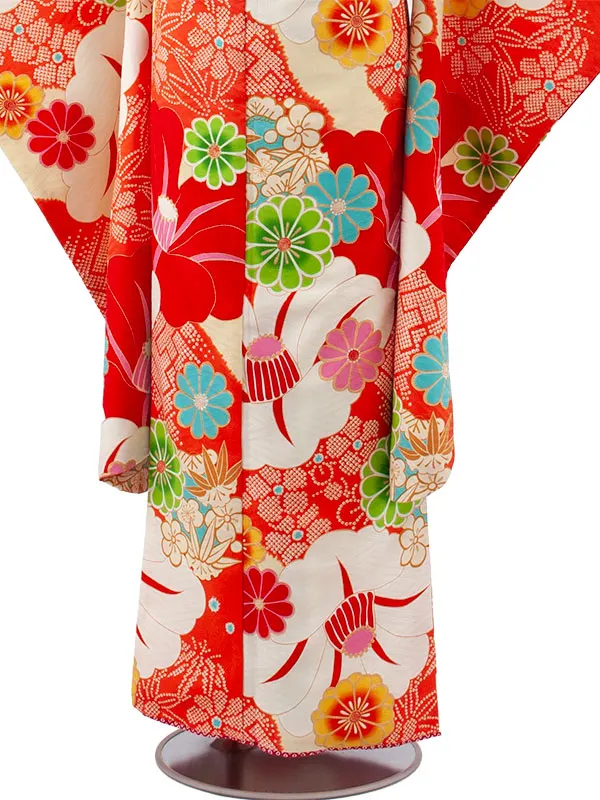 ジュニア着物 オレンジ 椿 菊 D008