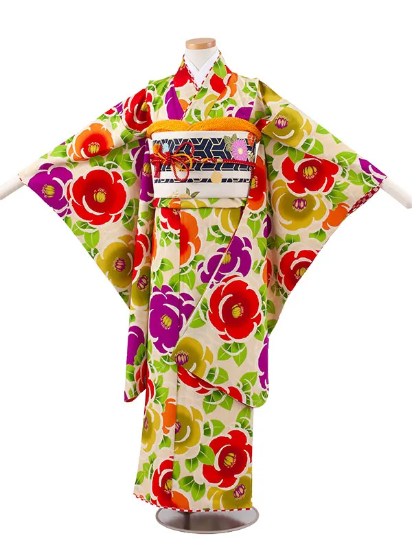 ジュニア着物 ベージュ 椿 D009