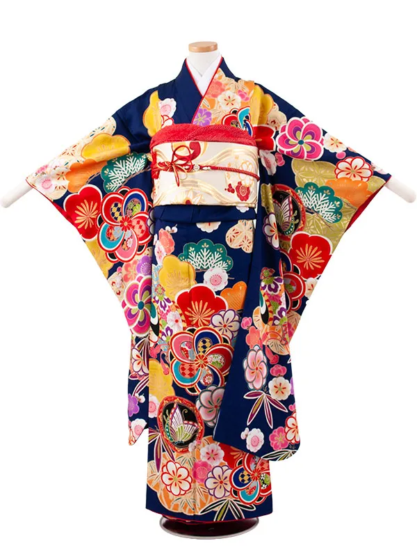 【正絹】ジュニア着物 紺地 松竹梅 D010