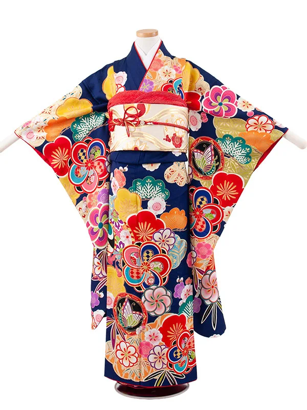 【正絹】ジュニア着物 紺地 松竹梅 D010