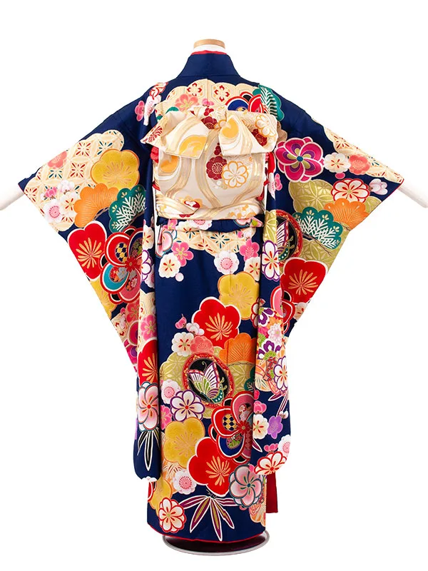 【正絹】ジュニア着物 紺地 松竹梅 D010