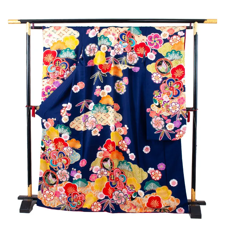 【正絹】ジュニア着物 紺地 松竹梅 D010