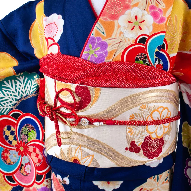 【正絹】ジュニア着物 紺地 松竹梅 D010