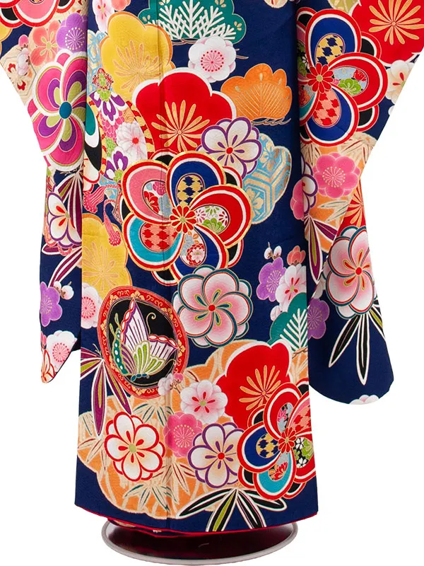 【正絹】ジュニア着物 紺地 松竹梅 D010