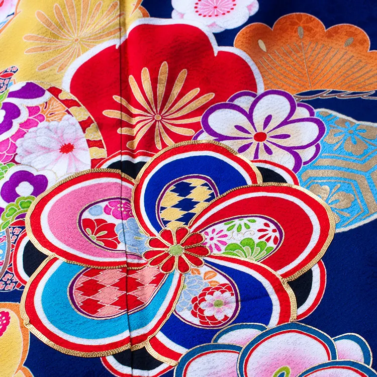 【正絹】ジュニア着物 紺地 松竹梅 D010