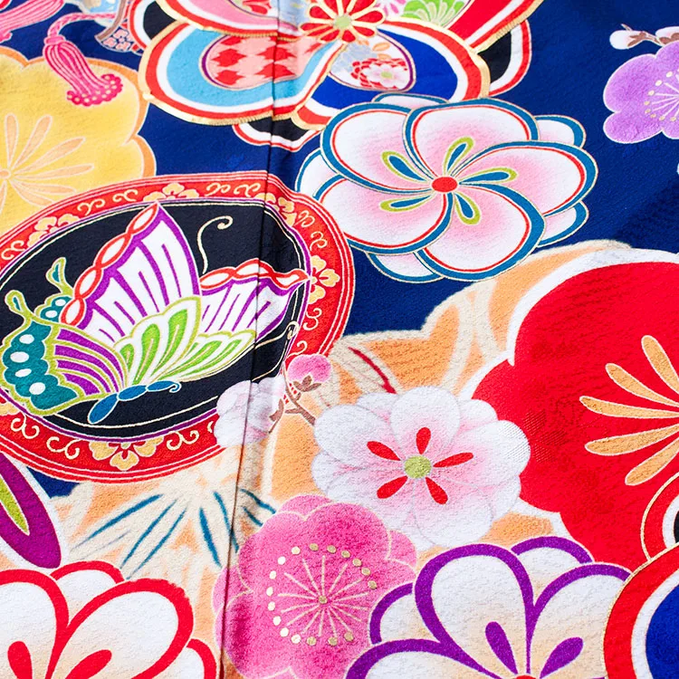 【正絹】ジュニア着物 紺地 松竹梅 D010