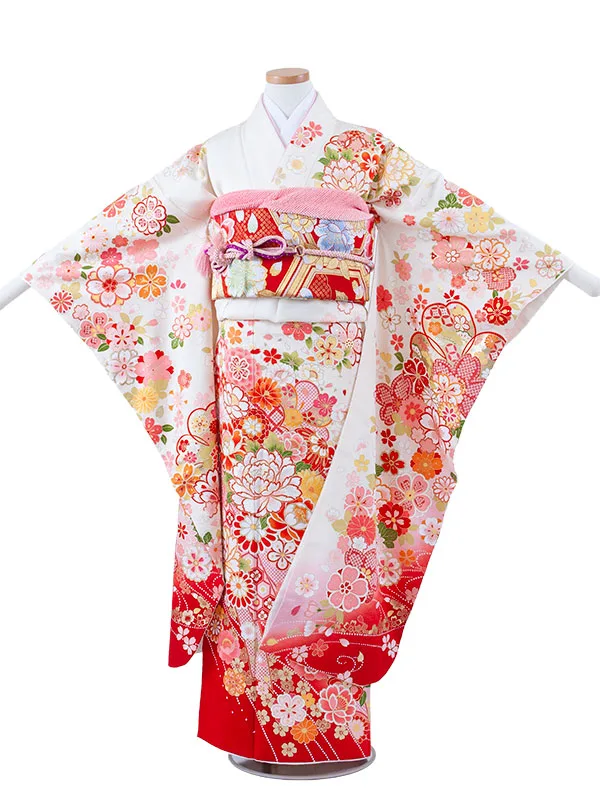 【正絹】ジュニア着物 アイボリー 桜 牡丹 D011