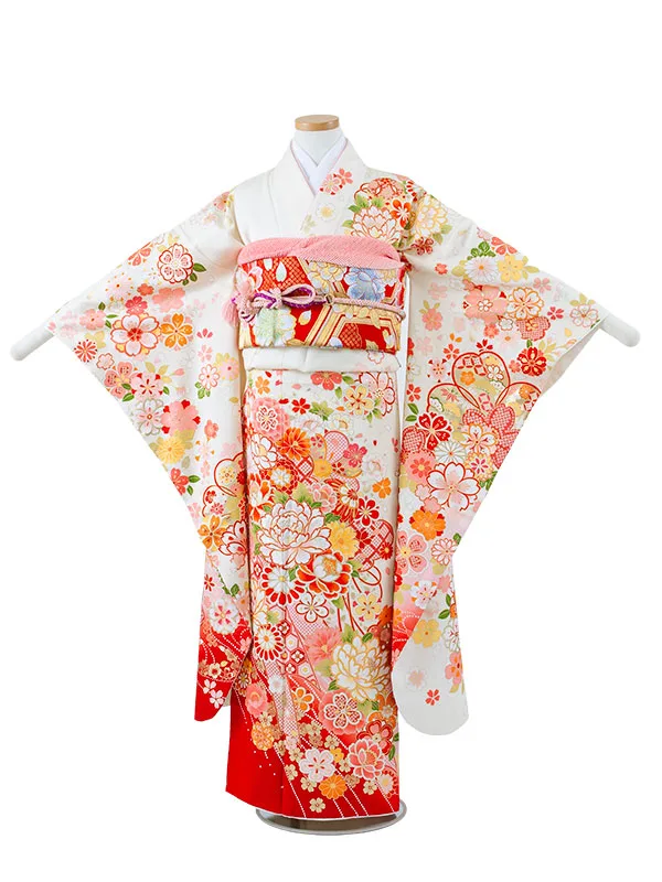 【正絹】ジュニア着物 アイボリー 桜 牡丹 D011