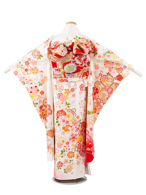 【正絹】ジュニア着物 アイボリー 桜 牡丹 D011
