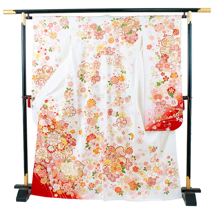 【正絹】ジュニア着物 アイボリー 桜 牡丹 D011