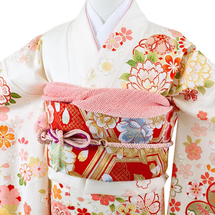 【正絹】ジュニア着物 アイボリー 桜 牡丹 D011