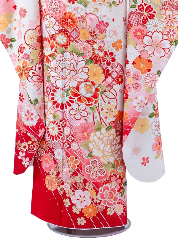 【正絹】ジュニア着物 アイボリー 桜 牡丹 D011