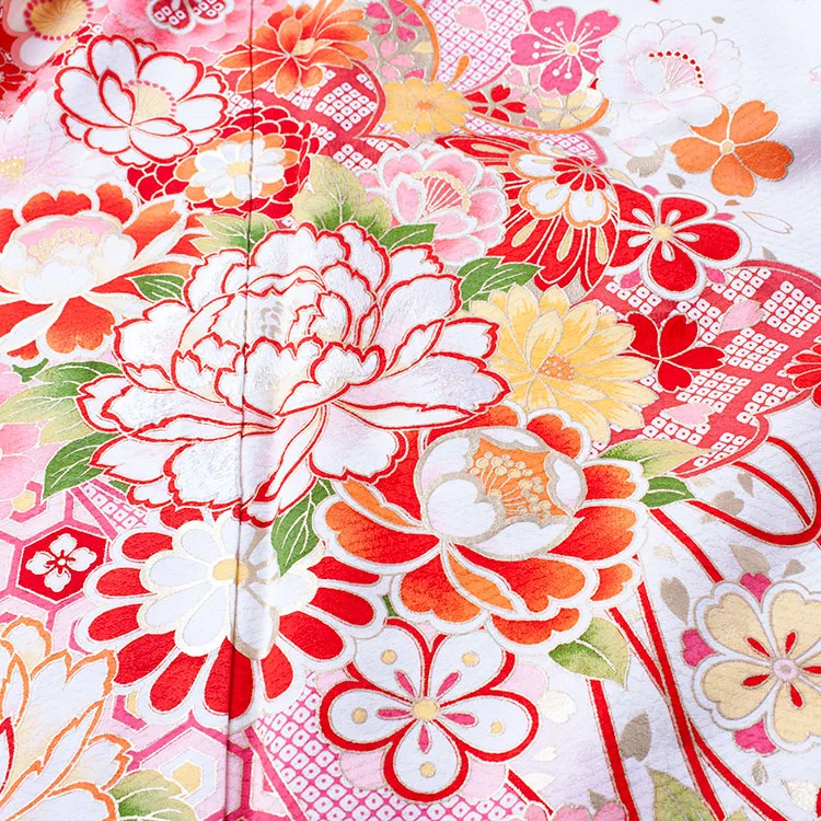 【正絹】ジュニア着物 アイボリー 桜 牡丹 D011