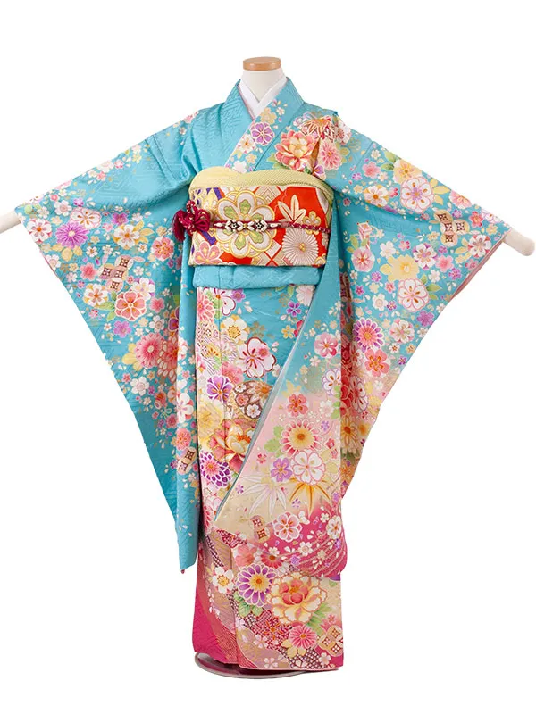 【正絹】ジュニア着物 空色 菊 牡丹 D012