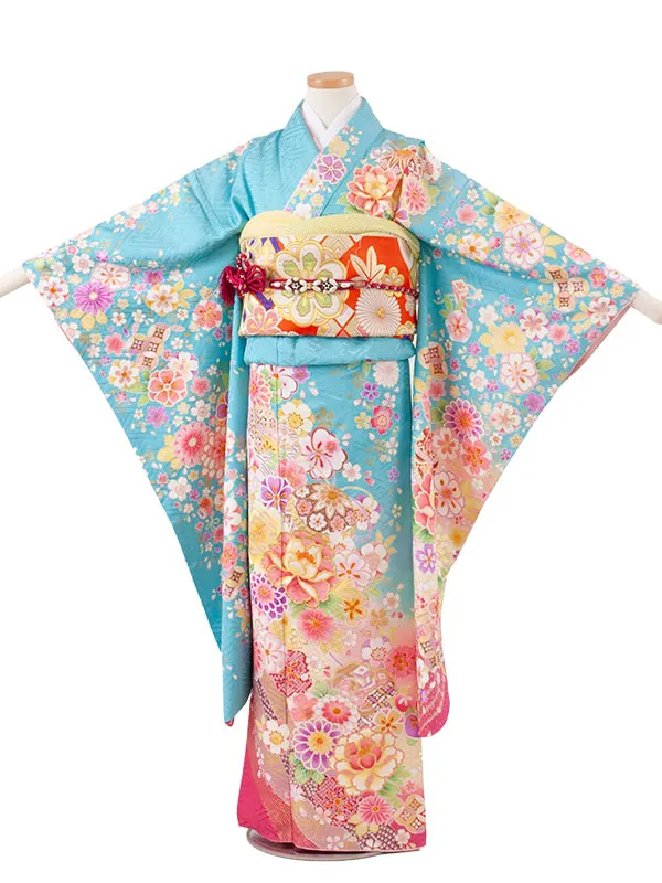 【正絹】ジュニア着物 空色 菊 牡丹 D012