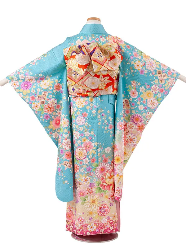 【正絹】ジュニア着物 空色 菊 牡丹 D012