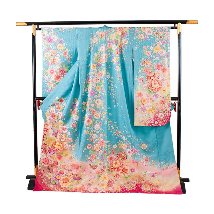 【正絹】ジュニア着物 空色 菊 牡丹 D012