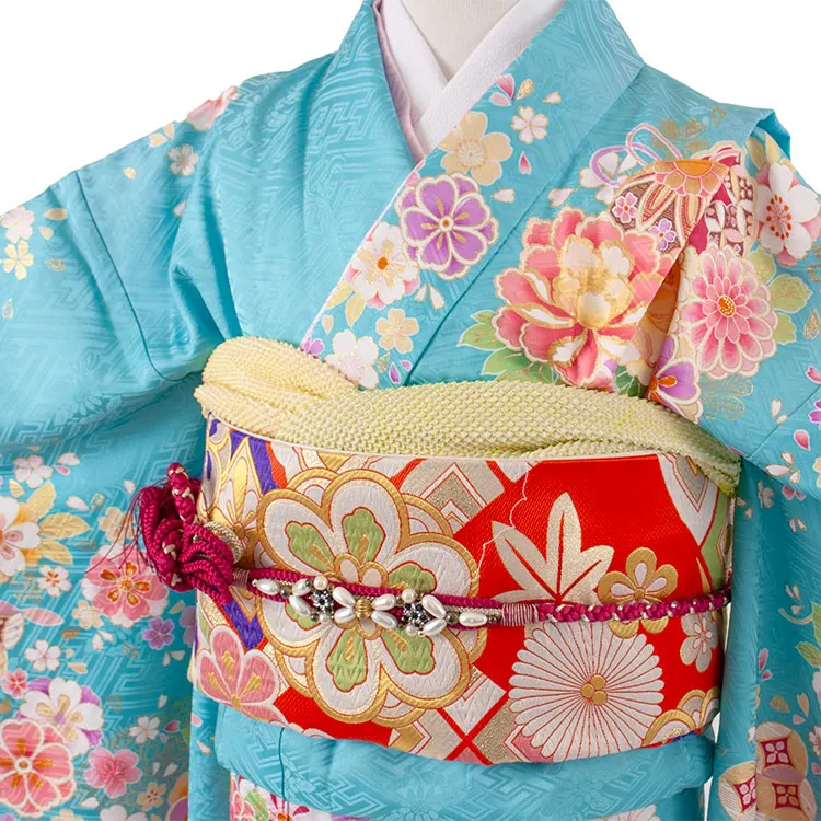 【正絹】ジュニア着物 空色 菊 牡丹 D012