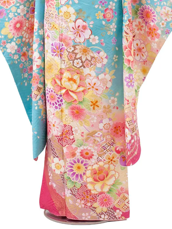 【正絹】ジュニア着物 空色 菊 牡丹 D012