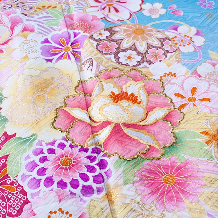 【正絹】ジュニア着物 空色 菊 牡丹 D012