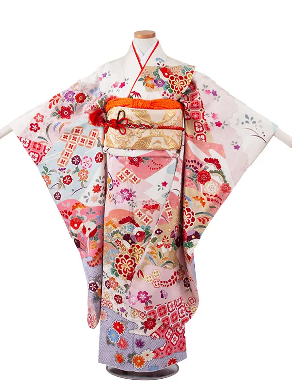 【正絹】ジュニア着物 オフホワイト 絞り調 花々 D013