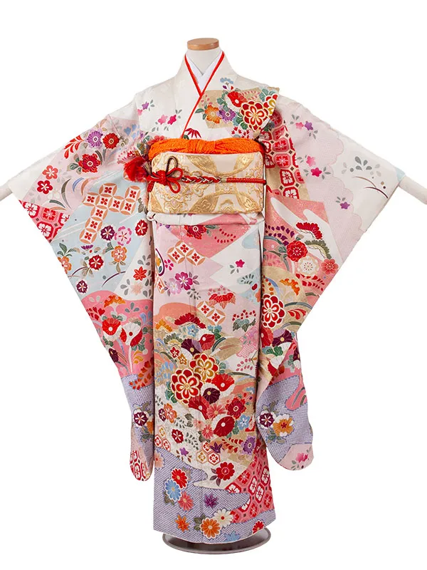 【正絹】ジュニア着物 オフホワイト 絞り調 花々 D013