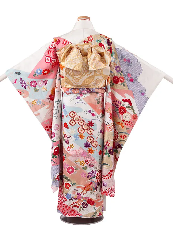 【正絹】ジュニア着物 オフホワイト 絞り調 花々 D013
