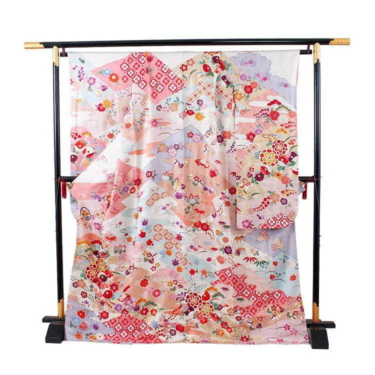 【正絹】ジュニア着物 オフホワイト 絞り調 花々 D013