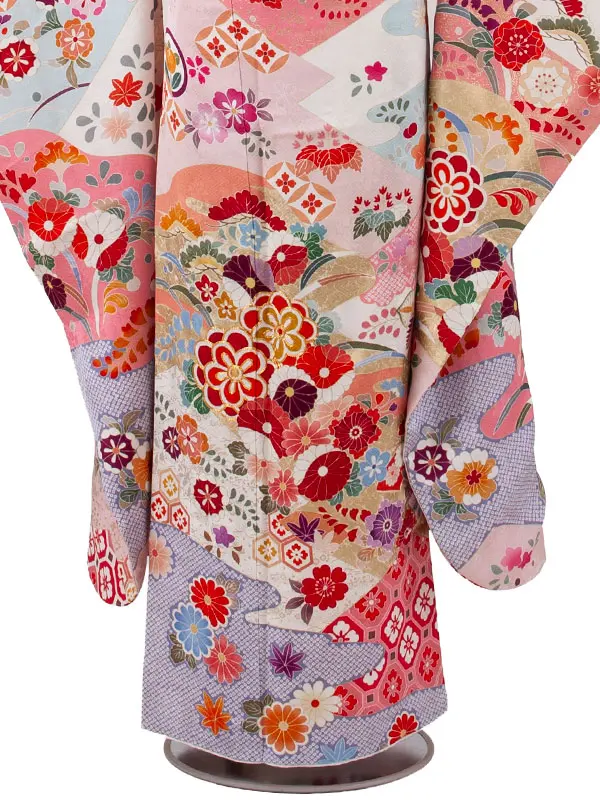 【正絹】ジュニア着物 オフホワイト 絞り調 花々 D013