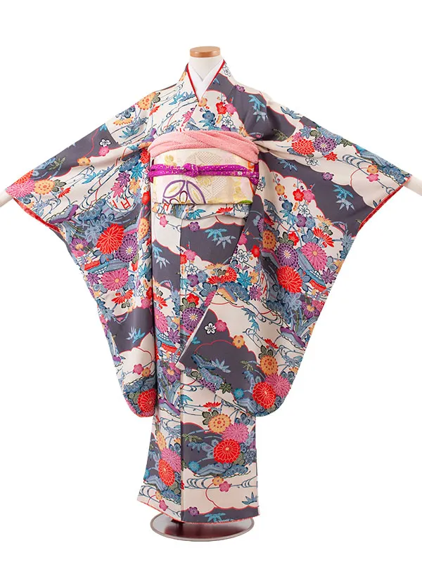 【正絹】ジュニア着物 グレー 丹後ちりめん 菊 D014