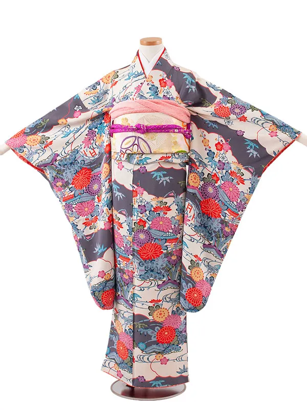 【正絹】ジュニア着物 グレー 丹後ちりめん 菊 D014