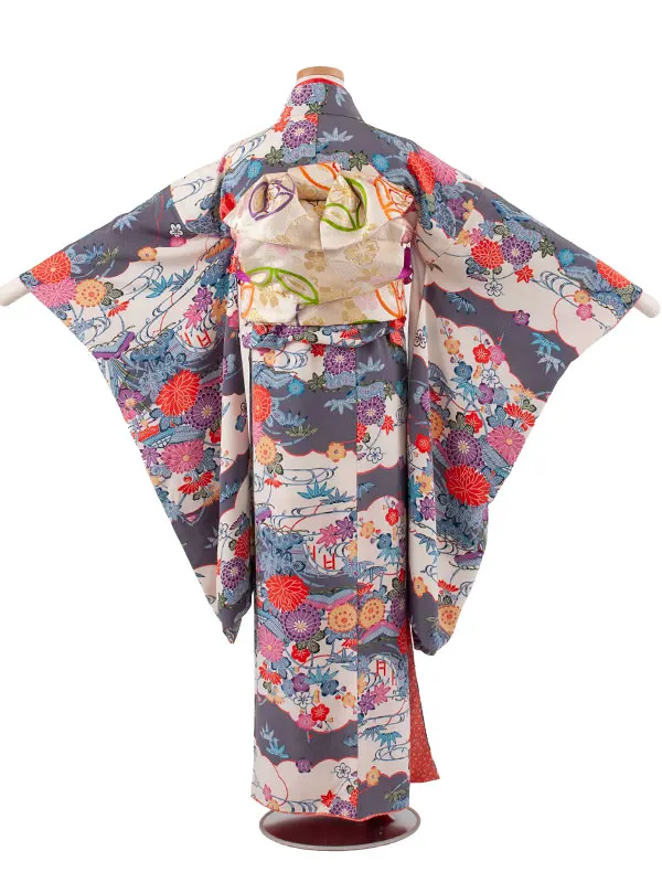 【正絹】ジュニア着物 グレー 丹後ちりめん 菊 D014
