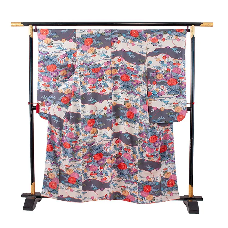 【正絹】ジュニア着物 グレー 丹後ちりめん 菊 D014