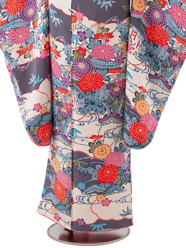 【正絹】ジュニア着物 グレー 丹後ちりめん 菊 D014