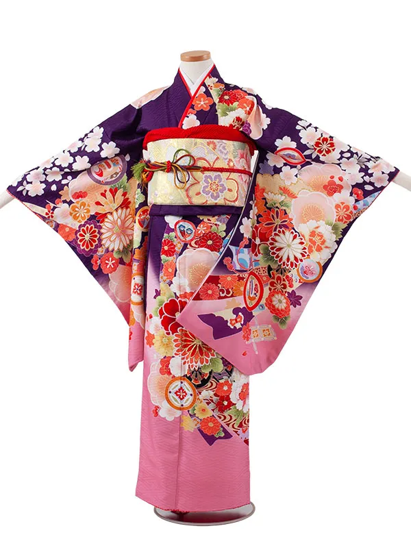 ジュニア着物 紫地 梅 吉祥文様 D015