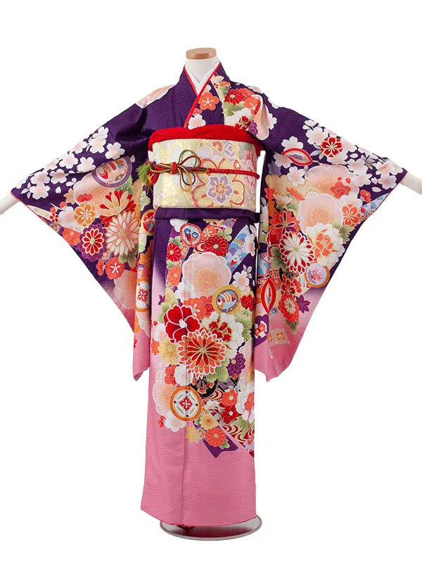 ジュニア着物 紫地 梅 吉祥文様 D015