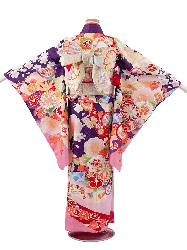 ジュニア着物 紫地 梅 吉祥文様 D015