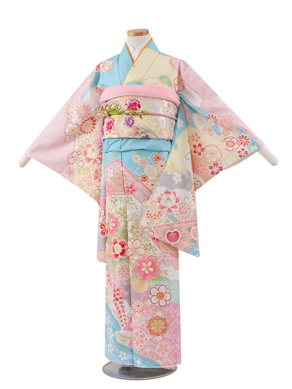 ジュニア着物 空色 古典 花づくし D016