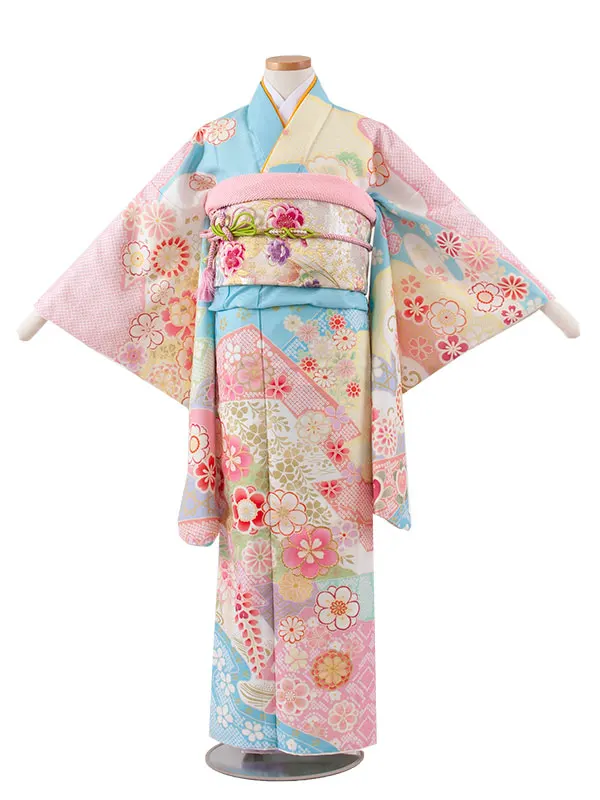 ジュニア着物 空色 古典 花づくし D016