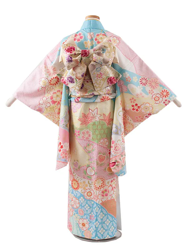 ジュニア着物 空色 古典 花づくし D016