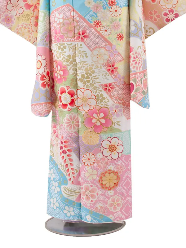 ジュニア着物 空色 古典 花づくし D016